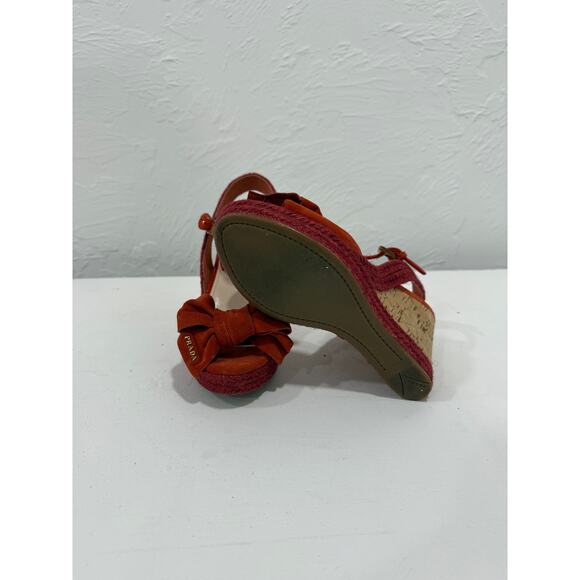Prada Suede Bow Logo Accent Wedge Slingback Espadrille Sandals Rust Size 37.5 - Picture 5 of 5